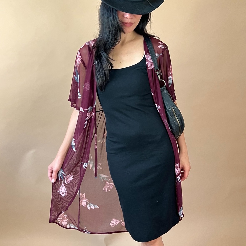 Sheer floral print kimono style cover up in beautiful burgundy color
